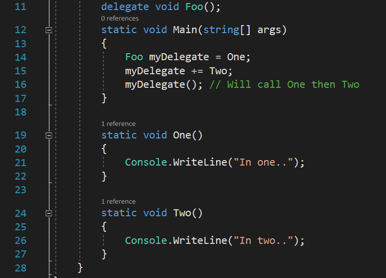 ตัวอย่างโค้ดภาษาซีชาร์พแสดงการทำเดลลีเกตแบบมัลติแคส