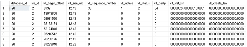 และผลลัพธ์ของ sys.dm_db_log_info เป็นดังนี้