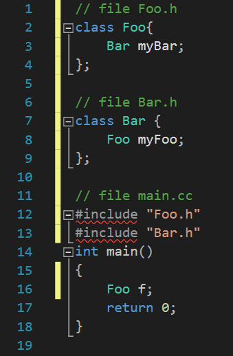 ตัวอย่างโค้ดภาษาซีพลัสพลัสที่มีปัญหาการขึ้นแก่กันเป็นวงรอบ