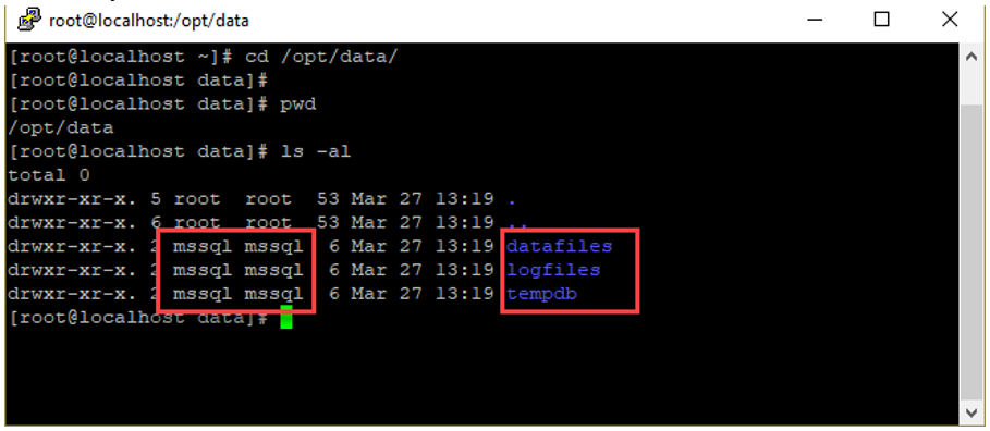 กำหนดสิทธิ์บนไดเร็กทอรี่ภายใต้ /opt/data ให้กับ Linux User และ Group ชื่อ mssql