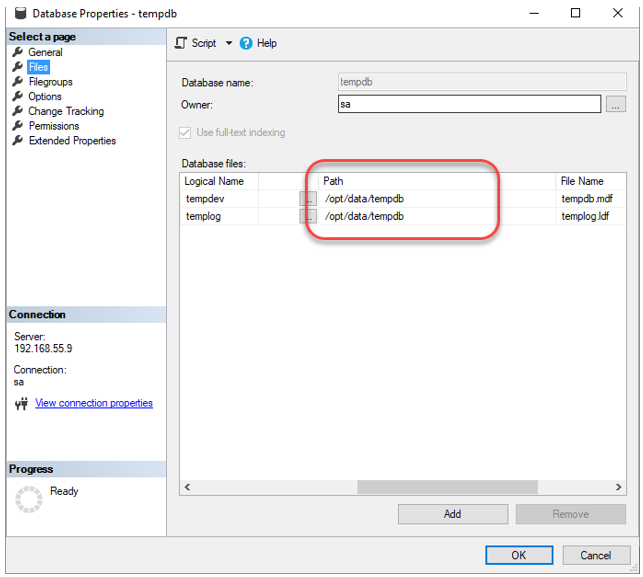 เราสามารถใช้ SSMS เชื่อมต่อไปยัง SQL Server บน Linux อีกครั้ง แล้วเปิด Database Properties ของฐานข้อมูล tempdb