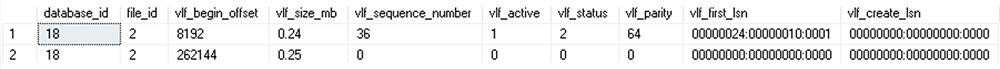 และผลลัพธ์ของ sys.dm_db_log_info เป็นดังนี้