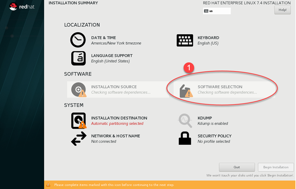 เมื่อมาถึงหน้า Installation Summary ให้เลือกไปที่ Software Selection เพื่อเลือกลง Packages ที่เกี่ยวข้อง