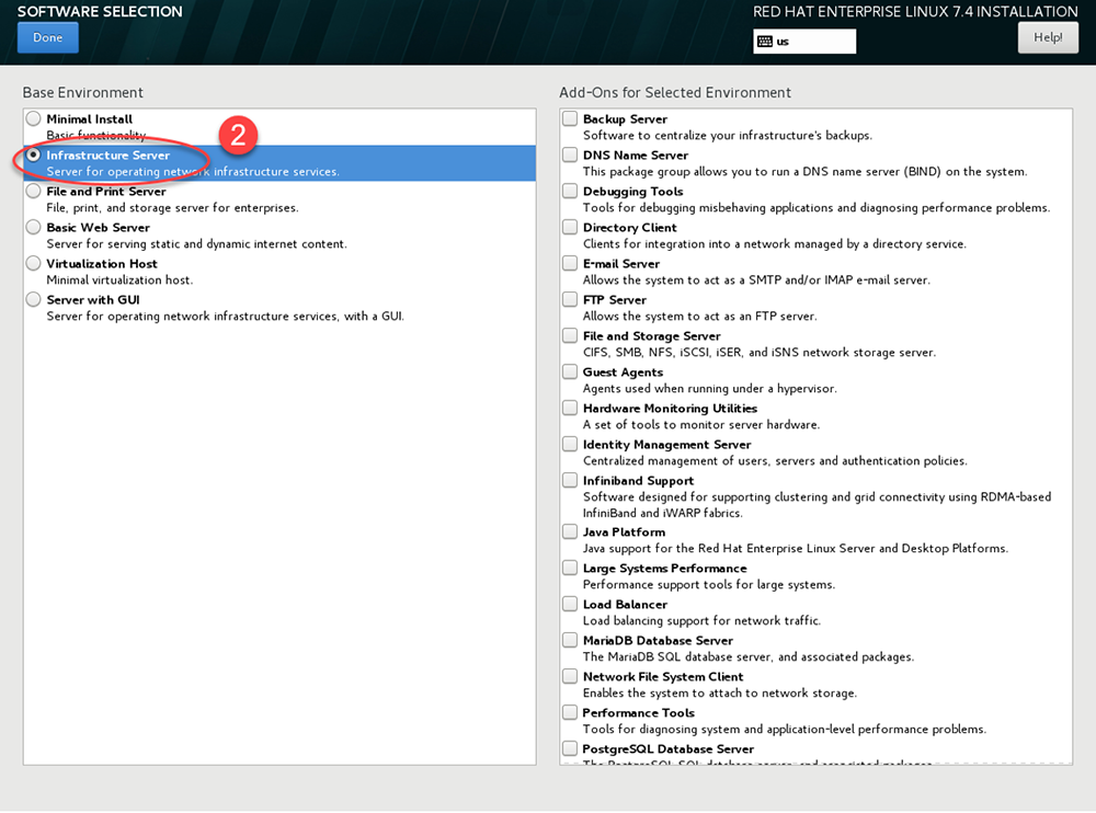 เมื่อปรากฎหน้า Software Selection ให้เปลี่ยน Base Environment จาก Minimal Install ไปเป็น Infrastructure Server แทน