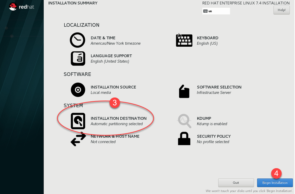 ตั้งค่า Disk และแบ่งพาร์ติชั่นตามความจำเป็น จากนั้นกดปุ่ม Begin Installation