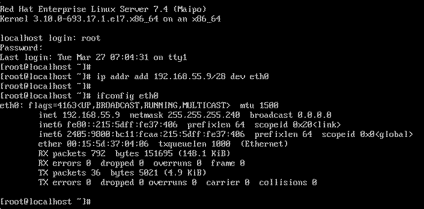 เมื่อติดตั้งสำเร็จ หลังจากบูตเสร็จ ทำการล๊อกอินเป็น root จากนั้นทำการตั้งค่า IP Addressให้กับ Red Hat