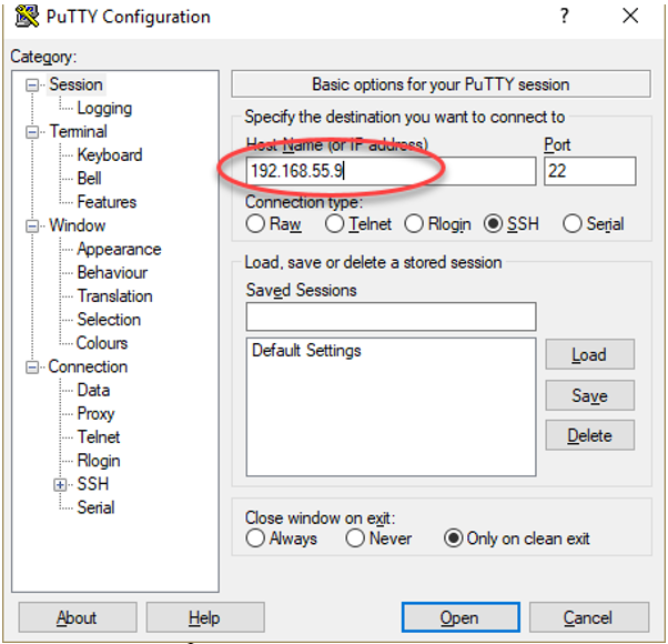 เมื่อตั้งค่า IP Address แล้ว ผู้เขียนทดสอบเชื่อมต่อผ่าน SSH Client (Putty) จากเครื่อง Microsoft Windows