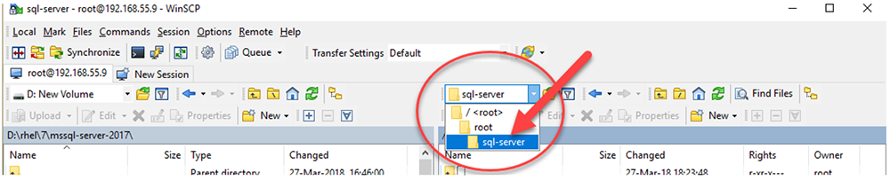 ติดตั้งและเรียกใช้ SFTP Client (WinSCP) เชื่อมต่อไปยัง Red Hat และตรวจสอบให้แน่ใจว่าได้เลือกไดเร็กทอรี่ /root/sql-server  ที่สร้างขึ้นเป็นไดเร็กทอรี่ปลายทาง