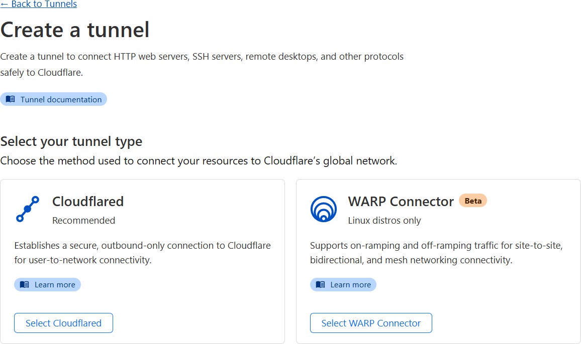 กด Create a Tunnel จะพบหน้าจอด้านล่าง เลือก Cloudflare