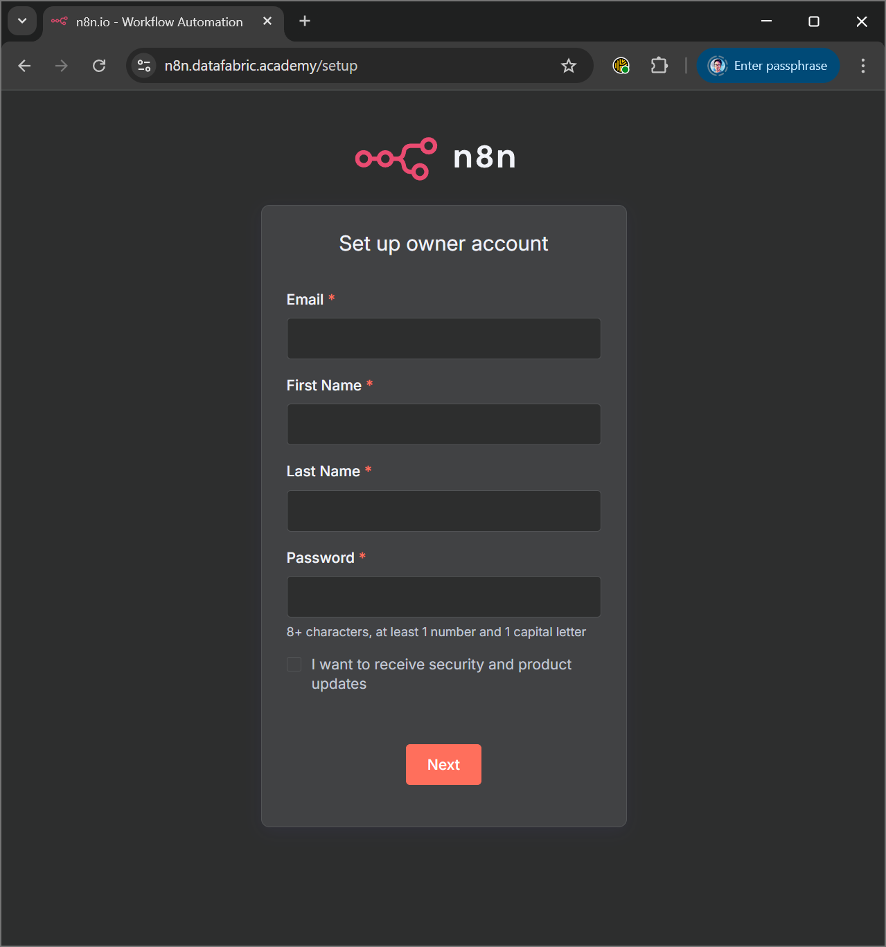 หน้าเข้าสู่ระบบของ n8n บน Portainer