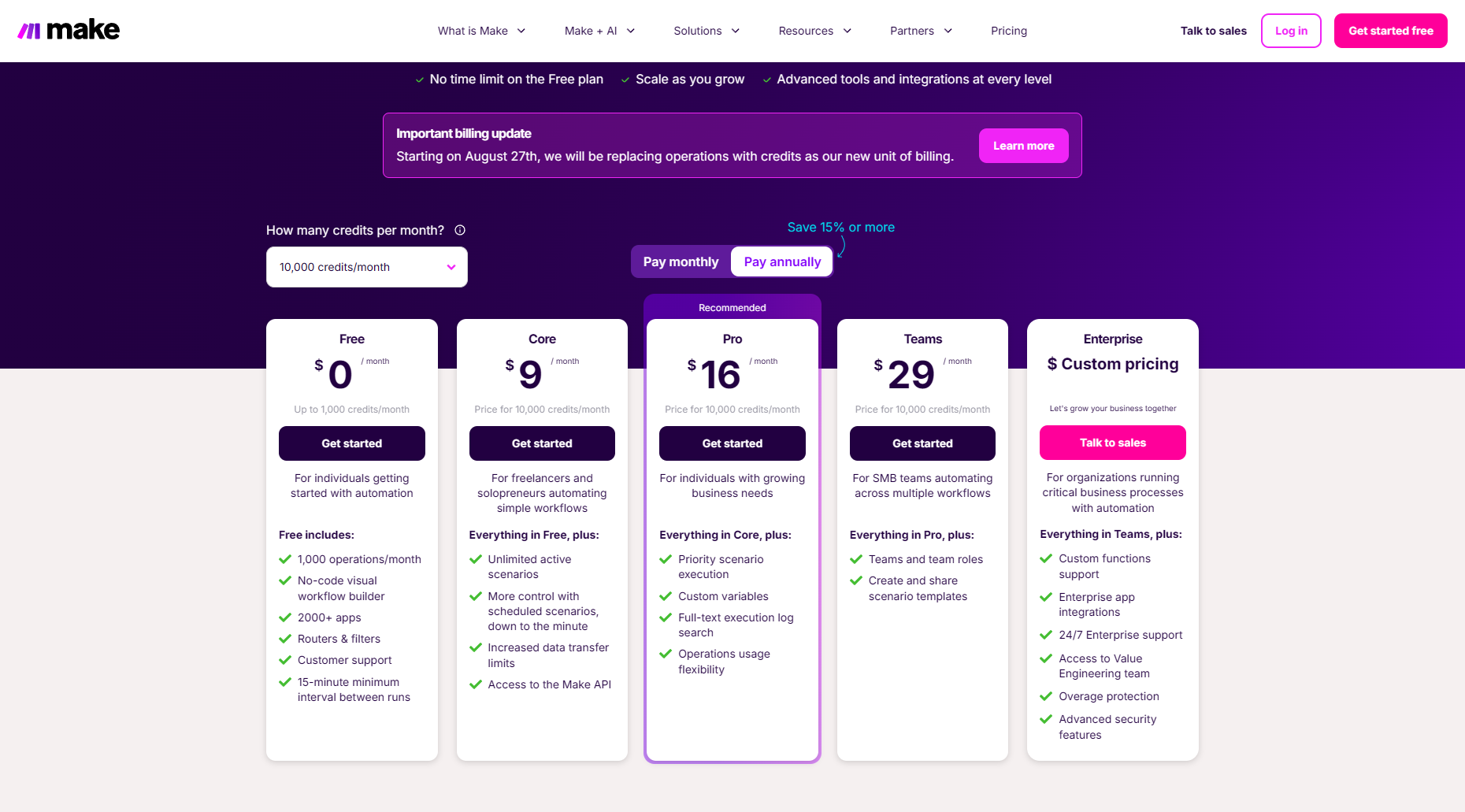 แผนราคาต่าง ๆ บน Make.com