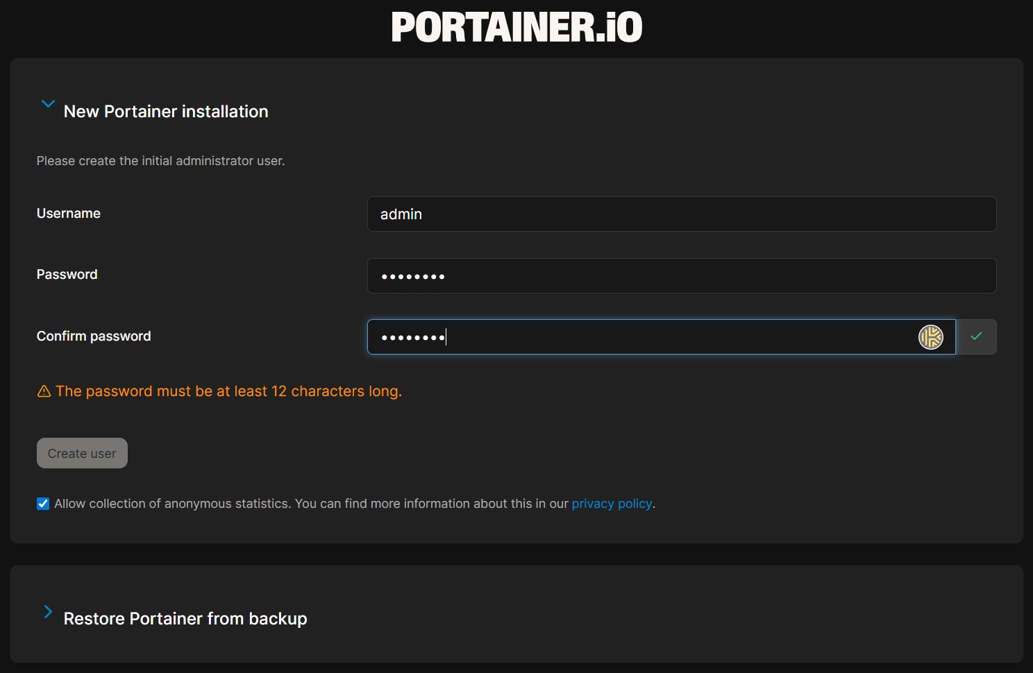 ครั้งแรกจะให้ตั้ง Admin password สำหรับ Portainer