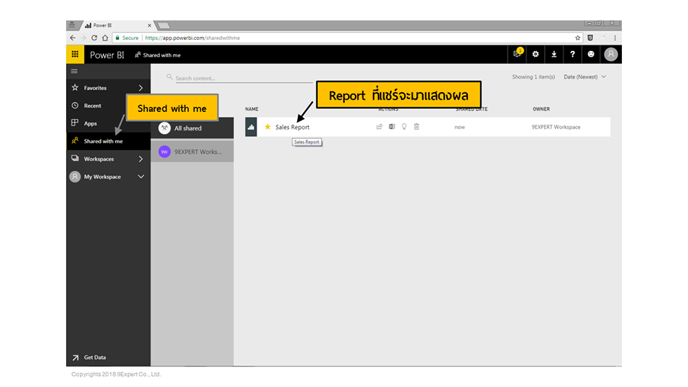 โดยที่เมนู Shared with me จากภาพจะเห็นว่ามี Report ที่ชื่อ Sales Report แสดงในรายการ