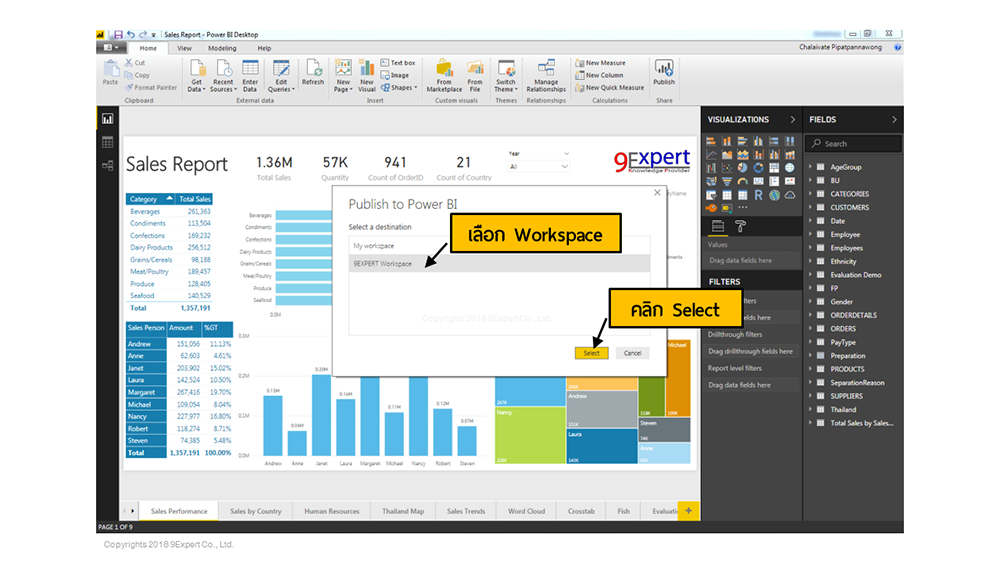 โดยการคลิกที่ปุ่ม Publish แล้วทำการเลือก Workspace ที่จะใช้จัดเก็บ Report นั้น